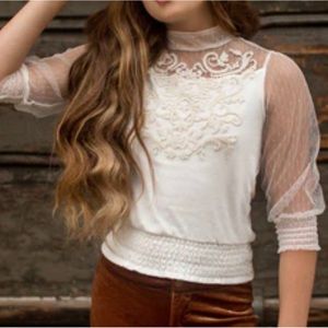 Joyfolie Embroidered Heidi Top in Cream Size 10 Girls
